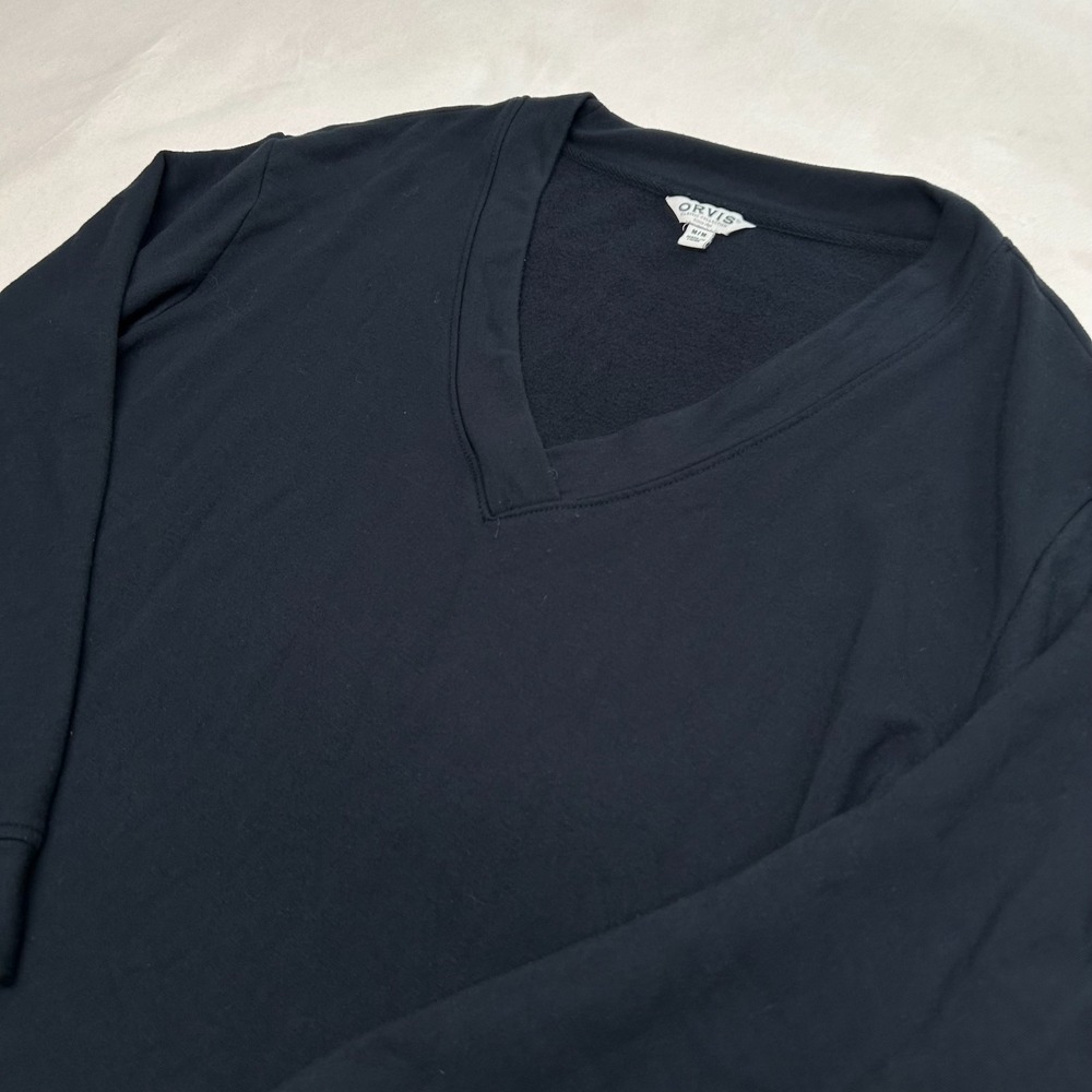 Orvis Womens Medium Black Fleece Lined Sweatshirt Modal Stretch V Neck Pullover